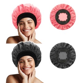 Silk Bonnet for Sleeping Soft Elastic Band Silk Hair Bonnets for Sleeping Women Sleep Cap for Women's Natural & Curly Hair (Black + Coral, Small)