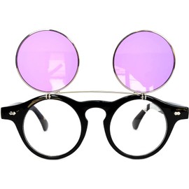 OWL Steampunk Retro Gothic Vintage Colored Metal Round Circle Frame Sunglasses Colored Lens (Flipup_C3_Black_Purple, PC Lens)