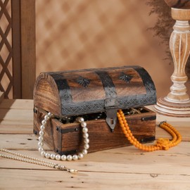 Ajuny Handcrafted Wooden Pirate Treasure Chest - Vintage Keepsake & Decorative Storage Box with Shell Strips, Jewelry & Trinket Holder Organizer Home Decor Gift 9x6 Inch