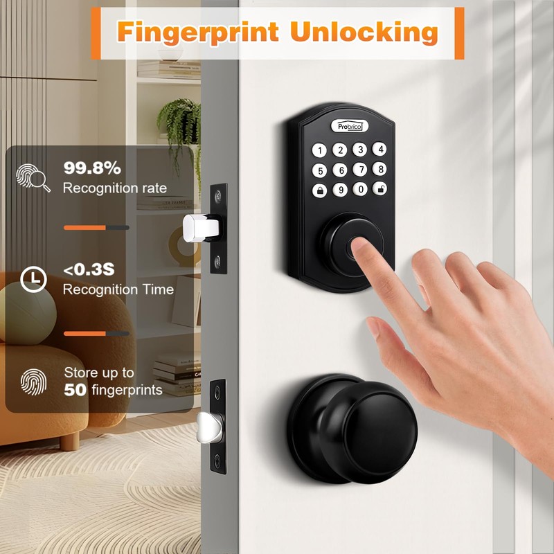 Probrico Smart Keyless Entry Door Lock with Knob Set, Fingerprint