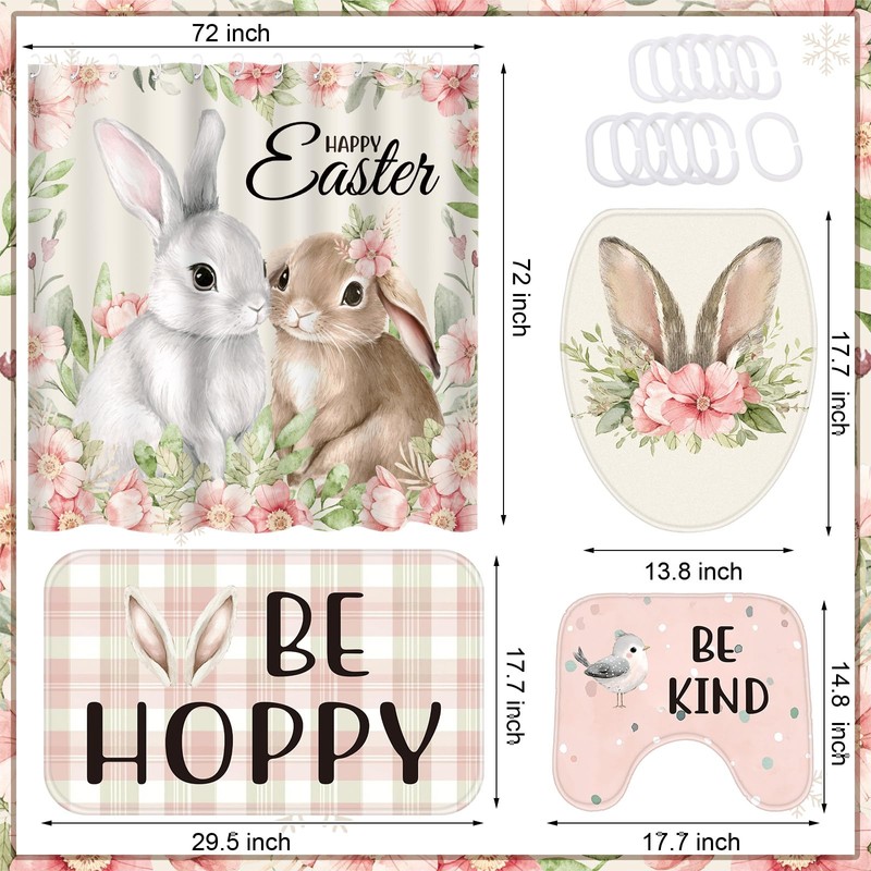 Rtteri 4 Pcs Happy Easter Bunny Shower Curtain Set with