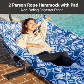 CHULIM Outdoor Double Hammock with Hardwood Spreader Bars, Large Rope Hammock with Polyester Pad and Pillow, 475 LBS Capacity for 2 Person Patio Backyard Poolside - Blue Printing