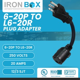 IronBox Electric 6-20P to L6-20R Plug Adapter Power Cord - 20A, 250V, 12/3 SJT - UL Listed Power Cord Extension Cable - Heavy Duty Plug and Connector for Generator, Data Centers & More (1ft, Molded)