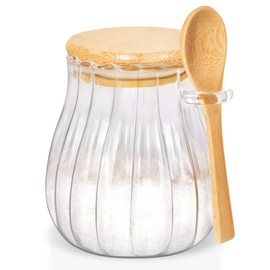 Quald 15oz Sugar Container with Bamboo Lid and Spoon,Sugar Bowl Glass Jar for Coffee Bar Accessories Coffee Canister Kitchen Decor (Medium)