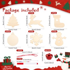 Lanpn Christmas Arts and Crafts Kits for Kids, Wooden Xmas Baubles Oranments Crafting Set for Children Toddlers Adults DIY Paint Your Own Decorations Decorate 48pcs