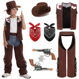 Mrsclaus C046E Children's Cowboy Costume Set Deluxe Western Police Cosplay Carnival Costume with Accessories Cowboy Vest Hat Neckerchief Bandana Birthday Party Theme Party Dress Up Outfit