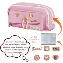 KASESSS Pencil Case, Pencil Case, 4 Divider Compartments, Pencil Case with Decorative Patches, Pencil Case Girls, Case with Zip, Pencil Case Aesthetic, Pencil Case Girls for School, Home, Office, Pink