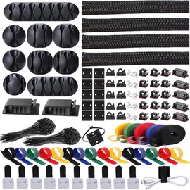 ELII ELII 300PCS Cable Management Kit,4 Cable Sleeve 35 Cable Clips with 11Cord Holders,20 Roll Cable Organizer Straps and 200 Fastening Cable Ties,20 Cable Zip Tie Mounts for Computer TV Under Desk