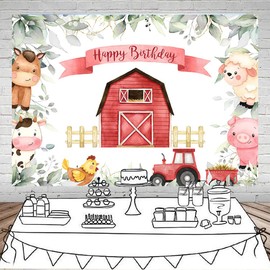Mocsicka Boy Farm Birthday Backdrop Greenery Barnyard Animals Birthday Background Green Leaves Barn Animals Birthday Party Decorations Banner Photo Studio Props (7x5ft)