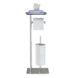 Toilet Paper Holder Stand with Top Storage Shelf, Free Standing Toilet Roll Dispenser for Bathroom, Holds 4 Reserve Rolls