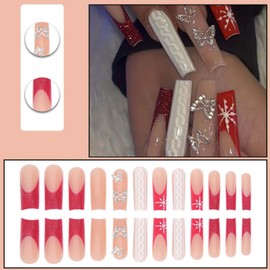 Gifiky Long Square Press on Nails French Fake Nails Butterfly Nails Tips Full Cover Snowflake False Nails for Women and Girls 24Pcs