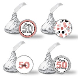 Confetti Rose Gold Polka Dot 50th Birthday Party Kiss Sticker Labels, 300 Party Circle Sticker, Sized 0.75” for Chocolate Drop Kisses by Amanda Creation, Great for Party Favors, Envelope Seals &