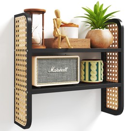 LUPWNEKA 2-Tier Rattan Shelf, Black Rattan Bookshelf Wall Mounted, Handmade Woven Display Shelf, Decorative Boho Shelves for Entryway, Nursery, Kitchen, Bathroom, Living Room