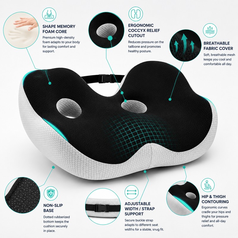Memory Foam Seat Cushion for Long Sitting – Adjustable Coccyx