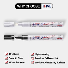 TFIVE Permanent Paint Marker Pens - 2 Pack Black & White Oil Based Marker Pen, Medium Tip, Waterproof & Quick Dry, for Office, Art, Rock Painting, Ceramic, Glass, Wood, Plastic, Metal, Canvas