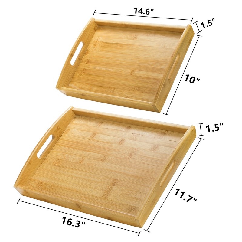 Peohud 4 Pack Bamboo Serving Trays with Handles, Rectangular Kitchen