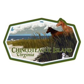 Die Cut Sticker Chincoteague Island, Virginia, Horses and Dunes (Horizontal), Contour Vinyl Sticker 3 to 6 inches, (Waterproof Decal for Cars, Water Bottles, Laptops, Coolers), Large