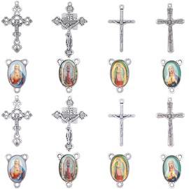 SUNNYCLUE 1 Box 40Pcs 8 Styles Rosary Cross Charms Crucifix Charm Bulk Easter Tibetan Silver Oval Chandelier Links Rosary Connectors Cross Charm Findings for Jewelry Making Supplies DIY Necklace Craft