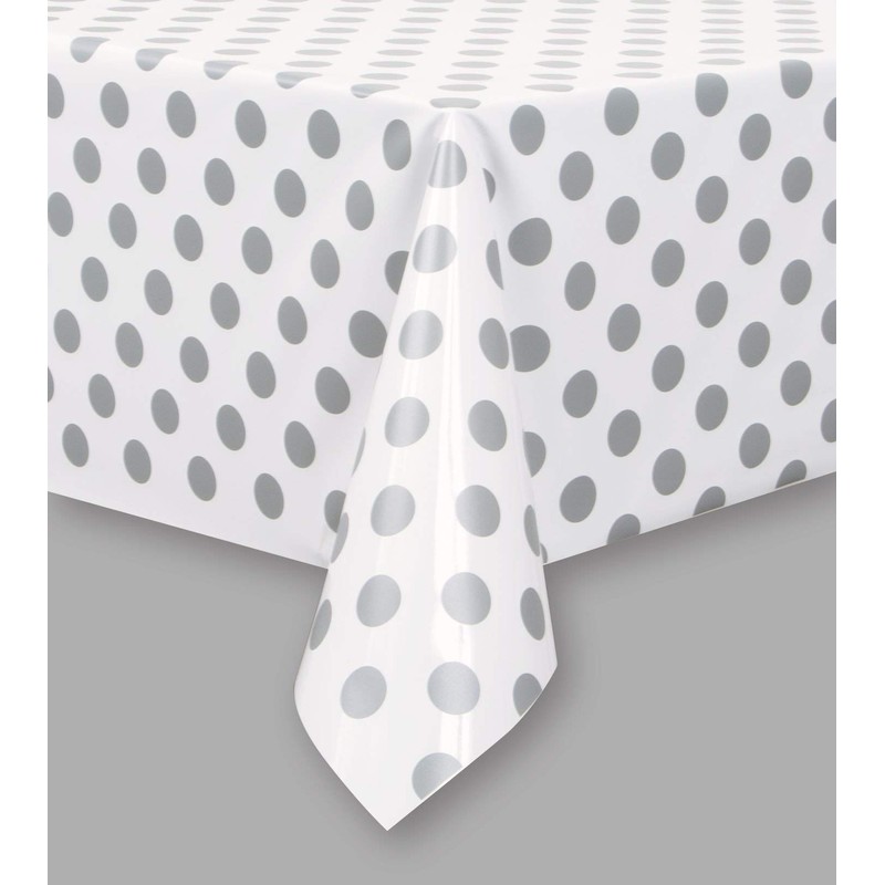Unique Party 37283 - Plastic Silver Polka Dot Tablecloth, 9ft