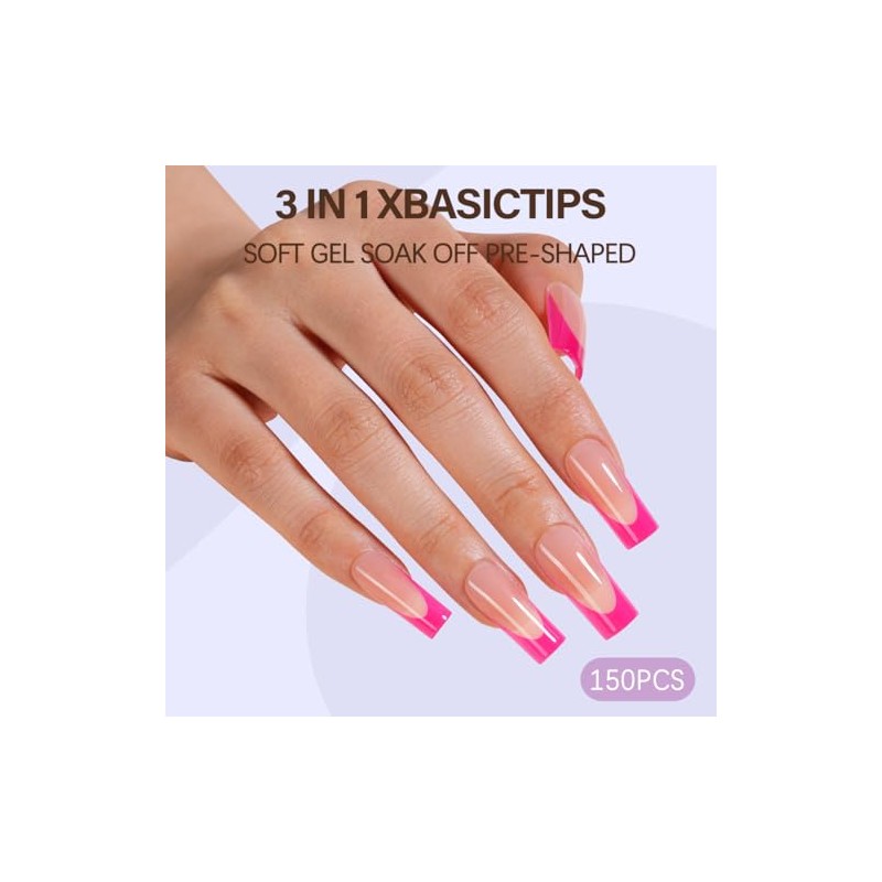Misssix XBASICTIPS Uñas postizas francesas rosas, 150 unidades, largas y