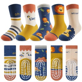 Kyopp 5 Pairs of Stopper Socks Children's Cotton Socks Boys Girls ABS Non-Slip Socks Animal Motifs 25-37 EU, ABS lion cub
