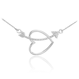 925 Sterling Silver Curved CZ-Studded Arrow Sideways Open Heart Necklace (20 Inches)