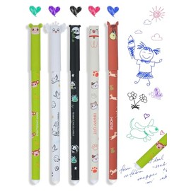 Set of 5 Erasable Gel Pens with Thermo-Sensitive Erasing Ink, Erasable Rollerball Pen 0.7 mm, Various Ink Colours and Animal Motif Designs, Gift for School Beginners