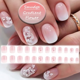 Pink Gradient Press on Nails with Flower Design, Glossy Short Square False Nails Gel Glue on Nails, Ombre Smudge Manicure Art Acrylic Fake Nails Stick on Nails for Coquette Women 24Pcs