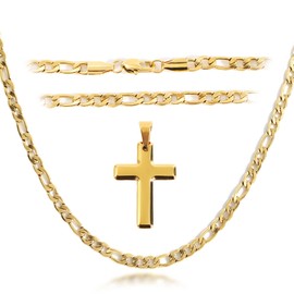 NOMOKOS Figaro Chain for Men - 18K Gold Plated Figaro Chain Cross Necklace for Men, Gold Cross Necklace Men Jewelry Stainless Steel Figaro Chain Necklace for Men Gifts 4mm-5mm 22 Inch