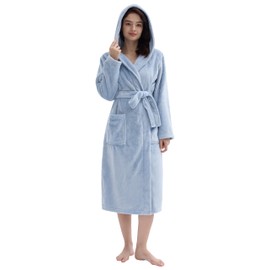 Amorbella Hooded Fleece Robe for Women Fuzzy Plush Bathrobe Thick Warm Robe(Dusty Blue, XL)