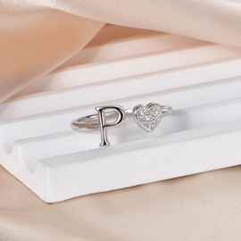 SILBERTALE 925 Sterling Silver Heart Ring with Letters Adjustable Size 52 to 58 Initial A-Z Letter Ring Individual Fashion Jewellery with Gift Box