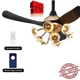 Unbranded 28" Smart Ceiling Fan Light LED, Remote App Control, 6-Speed DC Motor Black Gold