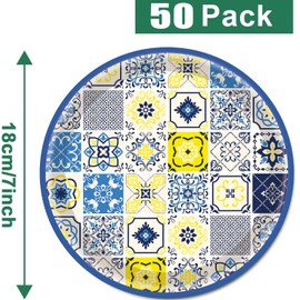 50PCS Capri Lemon Party Supplies 7"Capri Lemon Paper Plates Blue Tiles Yellow Lemon Party Plates Vintage Capri Plates Summer Citrus Fruit Paper Plates for Summer Birthday Lemons Party Decor (Capri)