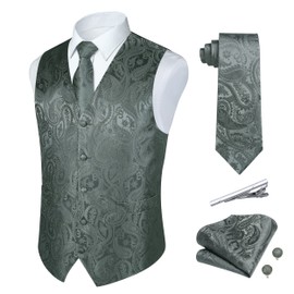 Rithern Men's Waistcoat Dark Grey Paisley Waistcoats Floral Jacquard Silk Waistcoat Tie Pocket Square Set For Wedding Casual Party Business Suit Vest set M
