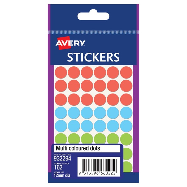 Avery Circle Stickers, Assorted Colours, 12 mm, 162 Labels (932294)