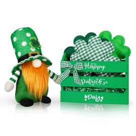 St Patricks Day Decorations for Home, Green Wooden Crate with Irish Plush Gnome & 3 Clover Pillows, Happy St Patrick‘s Day Table Centerpiece, Shamrock Tiered Tray Decor Table Mantle Shelf Irish Gift