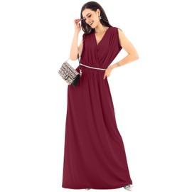 KOH KOH Womens Long Cocktail Empire Waist Short Sleeve Formal V-Neck Bridesmaid Summer Flowy Bridesmaids Wedding Guest Grecian Gown Gowns Maxi Dress Dresses, Crimson Dark Red L 12-14
