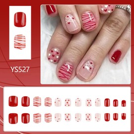 24Pcs Valentines Day Press on Nails Short Square Heart Fake Nails Red French Lines with Heart Romantic Designs Full Cover Glue on Nails Artificial Reusable Red False Nails for Women Acrylic Nails DIY