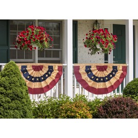 Tea Stained Patriotic Embroidered Bunting USA 48" x 24" Pleated Banner with Brass Grommets