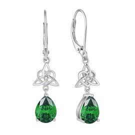PYNZY Celtic Knot Teardrop Dangle Earrings for Women, 925 Sterling Silver Created Emerald Leverback Earrings for Mother's Day Prom Jewelry Gifts