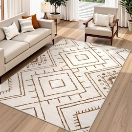 LIVEBOX Western 5x7 Area Rug, Beige Washable Rugs for Living Room Bedroom, Non Slip Moroccan Tribal Rug Low Pile Modern Geometric Boho Area Rugs Diamond Carpet for Dining Room Home Office Decor