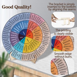 Jeoronuly Feelings Wheel Therapy Office Decor, 9.8" Diameter Large Double Sided Mental Health Decor Emotion Wheel with Stand, Wooden Coping Wheel Chart Therapist Gifts for Therapy Psychologist Office