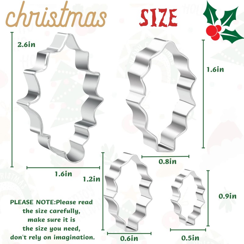 KAISHANE Holly Leaves Cookie Cutter Set,4 PCS Leaves Shape,Stainless Steel