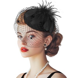 VEKDA Fascinators Hats for Women Church Cocktail Tea Party Headwear with Veil Feathers Derby Hats for Women Black