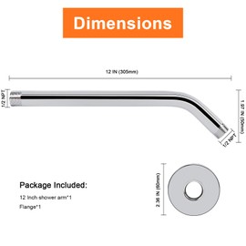 HarJue Shower Arm with Flange and Teflon Tape, Wall Mounted Shower Pipe 304 Stainless Steel Extension Arm for Fixed Shower Head & Handheld (12 Inches, Chrome)