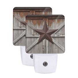 Dewoofly Western Texas Star Night Light Set of 2, Old Barn Wood Auto Sensor LED Dusk-to-Dawn Nightlights, Plug-in Sensor Lamp for Bedroom Bathroom Kitchen Hallway Stairs Decorative