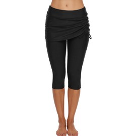 Ecupper Swimming Trunks Women's Long Swimming Trunks Capri Swimming Leggings with Skirt Swimming, black