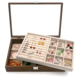 KLOUD City Wood Grain Jewelry Box,Jewelry Display Case, Jewelry Organizer, Jewelry Display Lockable Case with Two Layers（KC-J6001）