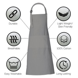 Chef Aprons for Women Men 35x27 Inches Plain Cotton Apron With 3 pockets Neutral Grey