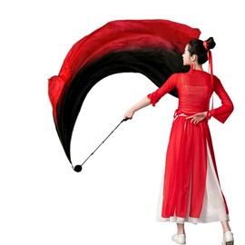 Aumulen Women 2 Pcs Hand Made Belly Dance Silk Poi Veil Streamer Throw Ball(Black red)